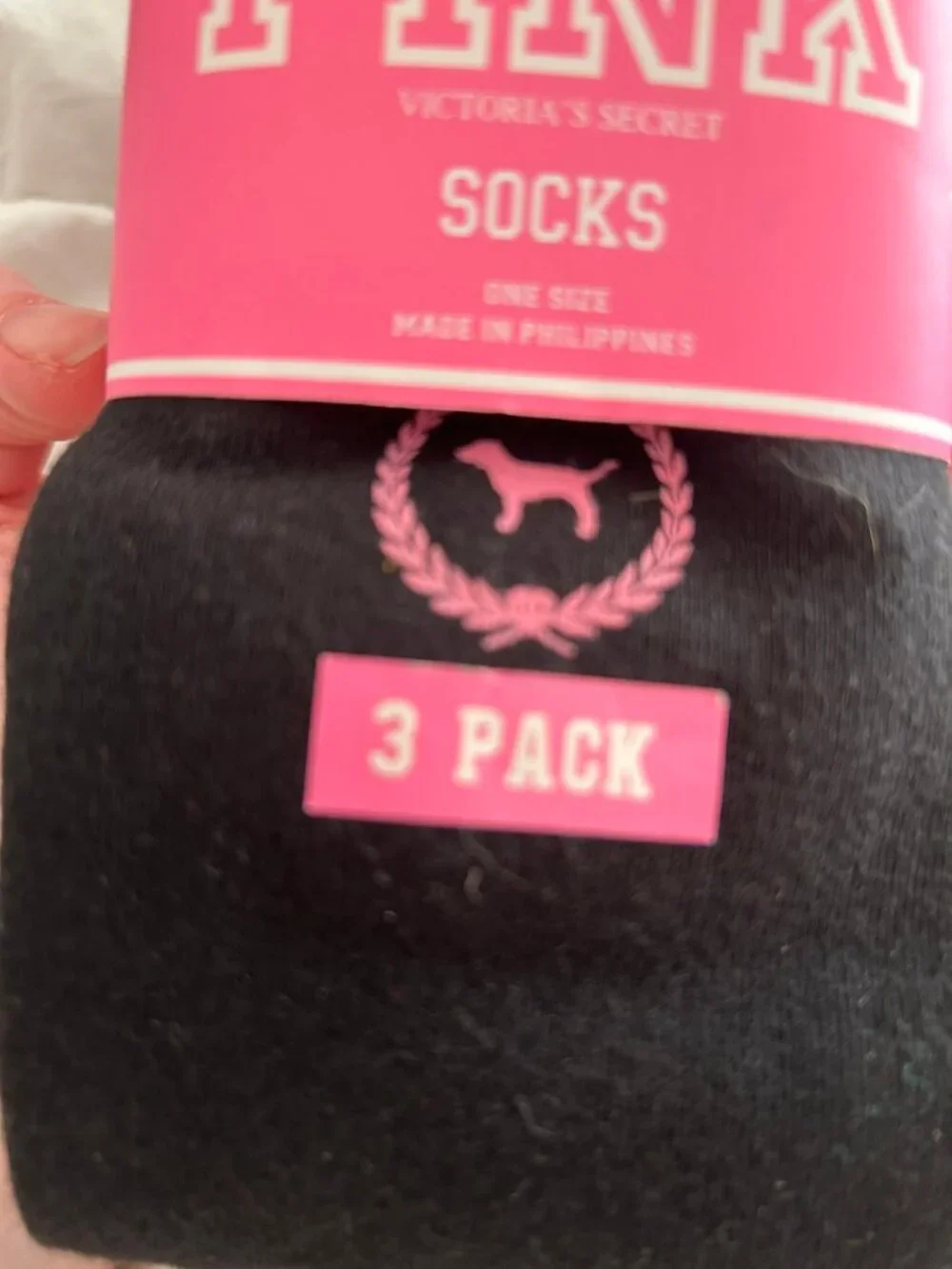 PINK Victoria's Secret 3-Pack Crew Socks Black White Blue Dog Logo OS NWT